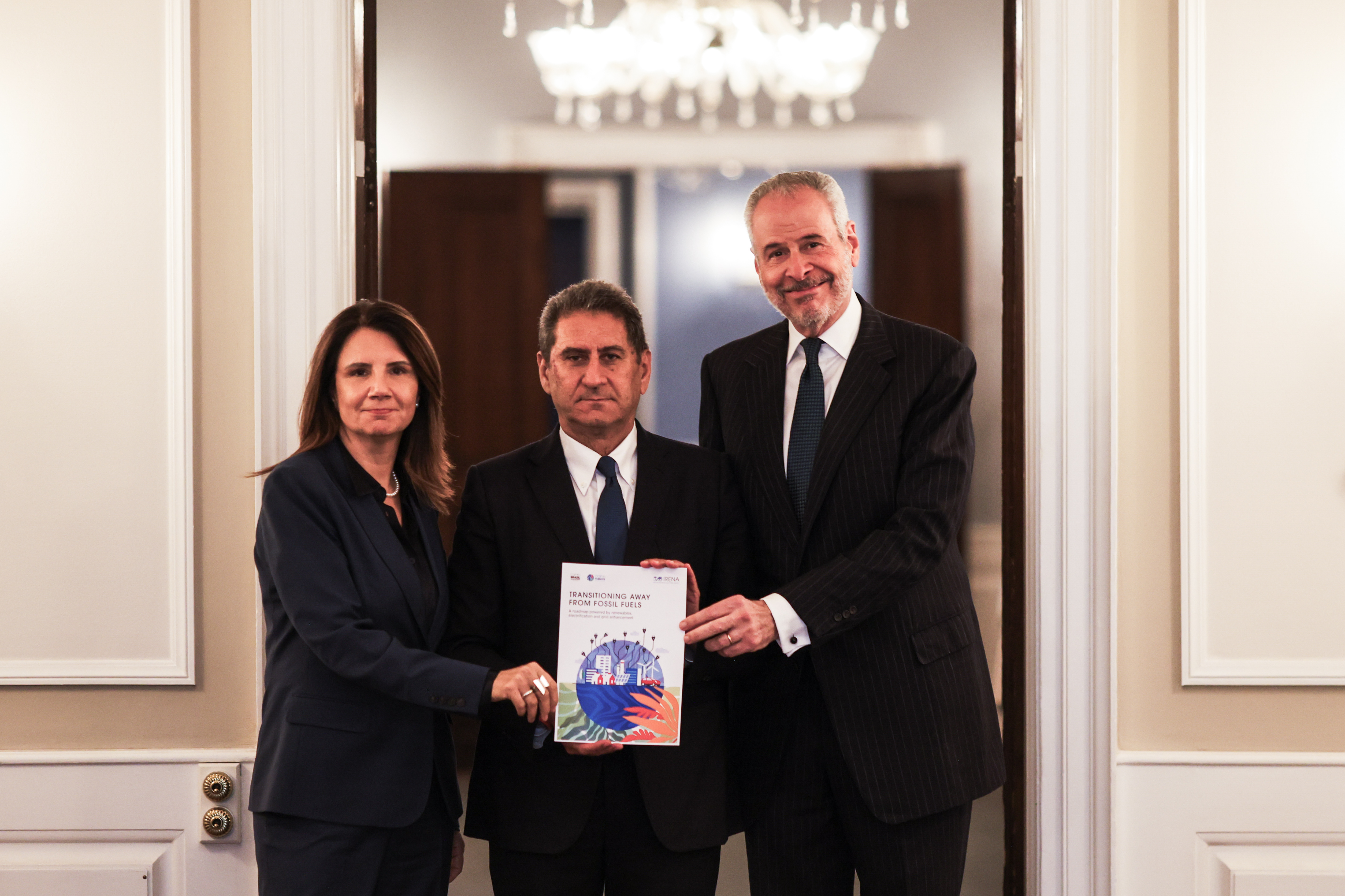 COP30 CEO Ana Toni; IRENA Director-General, Francesco La Camera; and COP30 President, Ambassador André Corrêa do Lago. - Credit: Felipe Werneck/COP30