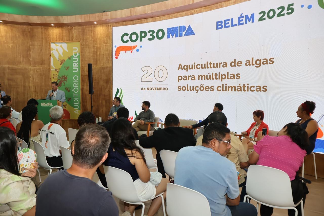 Announcement made during the "Aquatic Food Systems as Climate Solutions" panel at COP30. Image: Reproduction/MPA