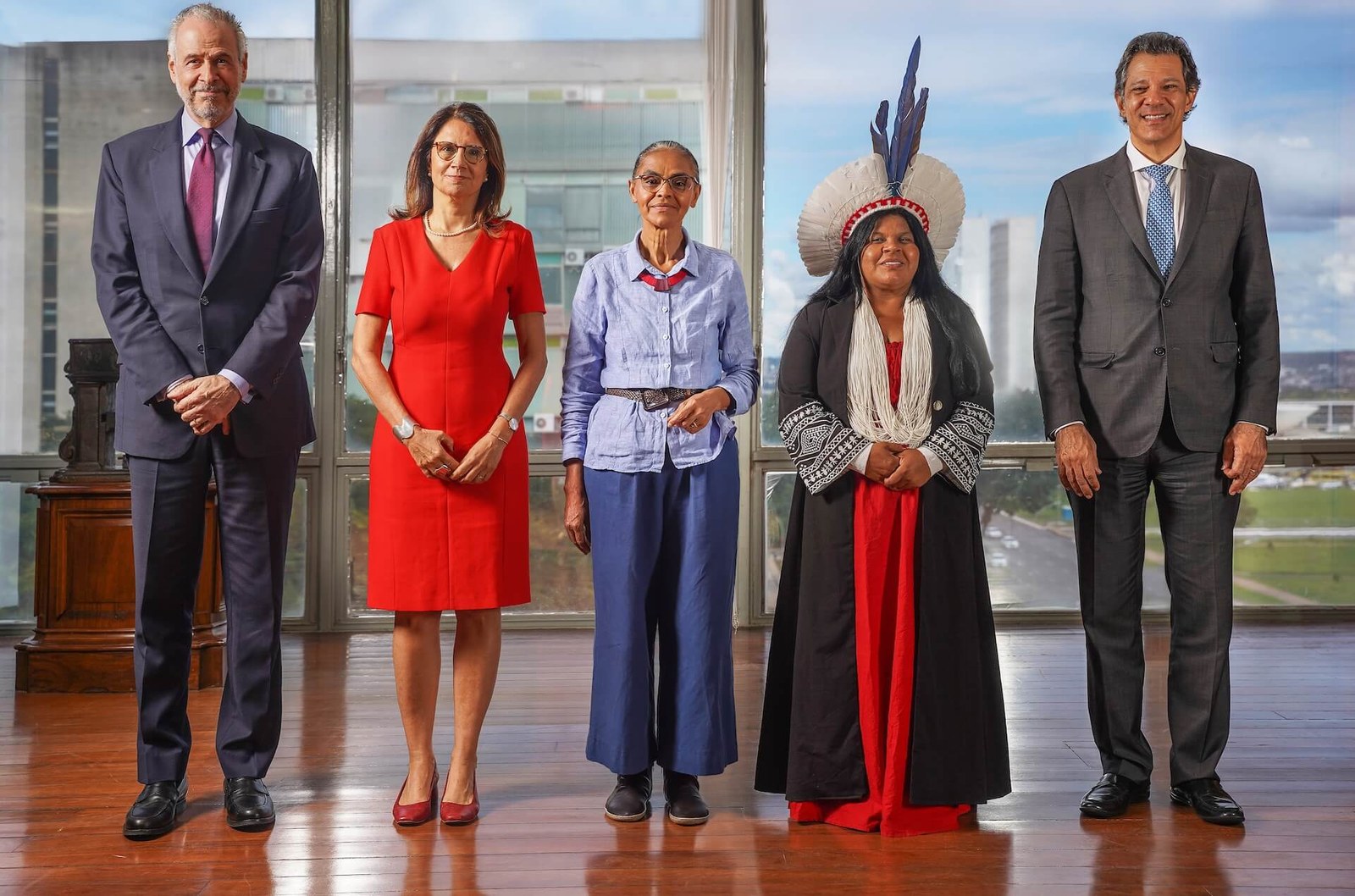 COP30 President Ambassador André Corrêa do Lago; Ana Toni, Brasil COP30 CEO; and Ministers Marina Silva, of MMA; Sonia Guajajara, of Indigenous Peoples; and Fernando Haddad, of Finance will lead circles to advance key themes for the future of the anti-climate change effort | Photo: Diogo Zacarias/MF