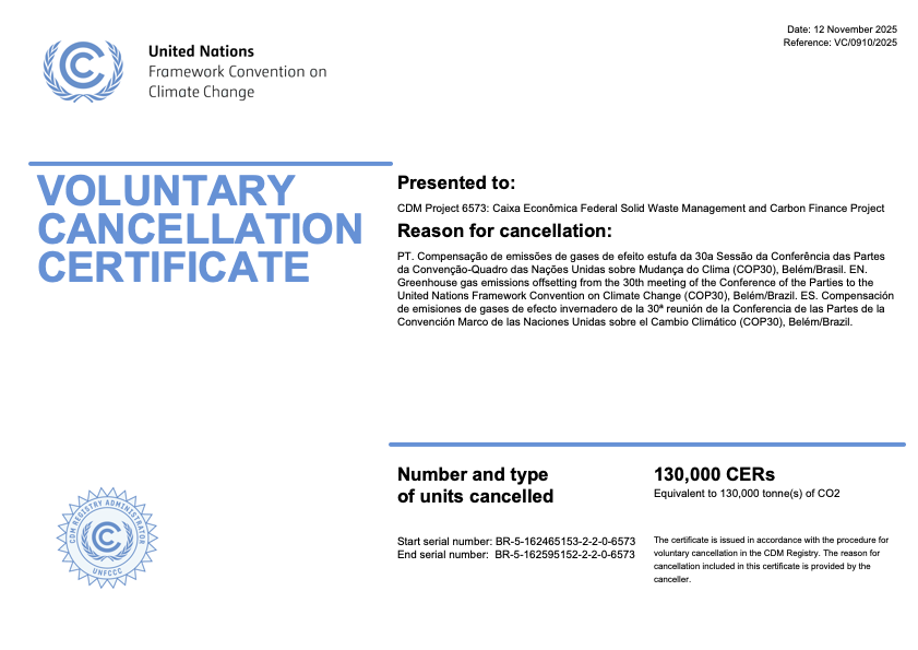 The compensation was recognized by the United Nations through the Voluntary Cancellation Certificate, issued on 12 November 2025.