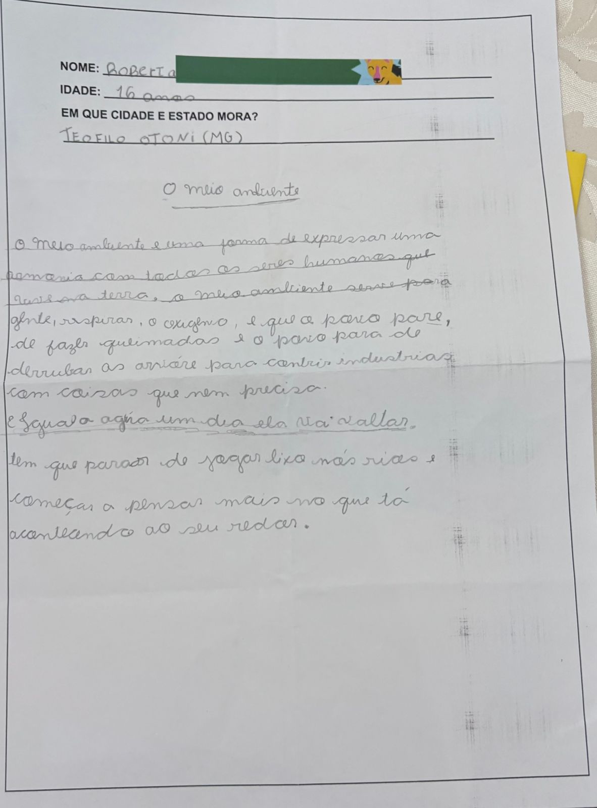 Carta em português enviada por Roberta, 16 anos, de Minas Gerais, aos negociadores da Pre-COP.