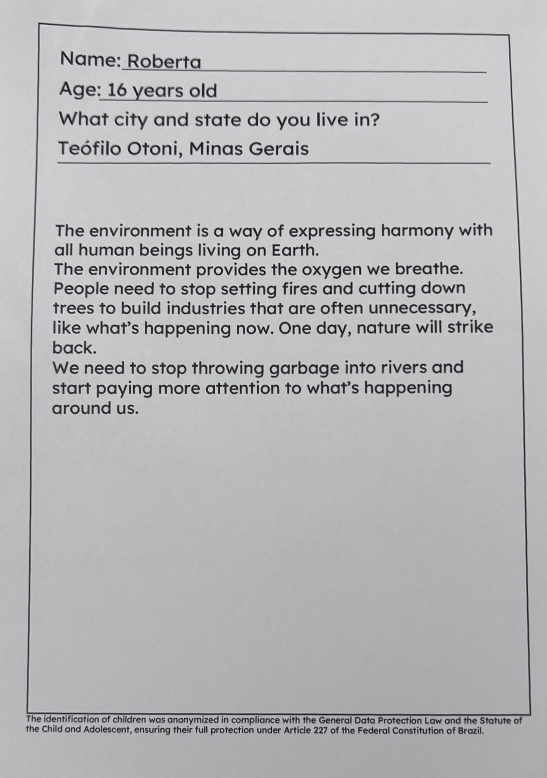 Carta traduzida para o inglês, enviada por Roberta, 16 anos, de Minas Gerais, aos negociadores da Pre-COP.